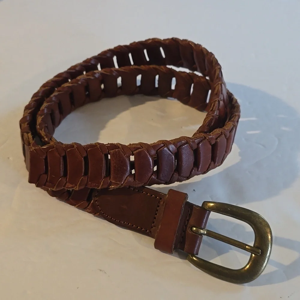 Womens Italian Full Grain leather Vintage Brown Belt Gold Buckle Sz.M/L